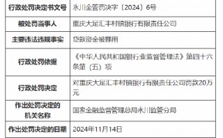 重庆大足汇丰村镇银行被罚20万元：因贷款资金被挪用