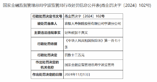 农银人寿宁波分公司因财务数据不真实被罚12万元-第1张图片-健康网