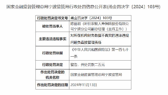 农银人寿宁波分公司因财务数据不真实被罚12万元-第2张图片-健康网