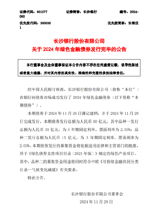 长沙银行：2024年绿色金融债券发行完毕-第1张图片-健康网