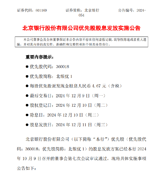 北京银行：发布优先股股息发放实施公告 每股优先股派发现金股息人民币4.67元-第1张图片-健康网